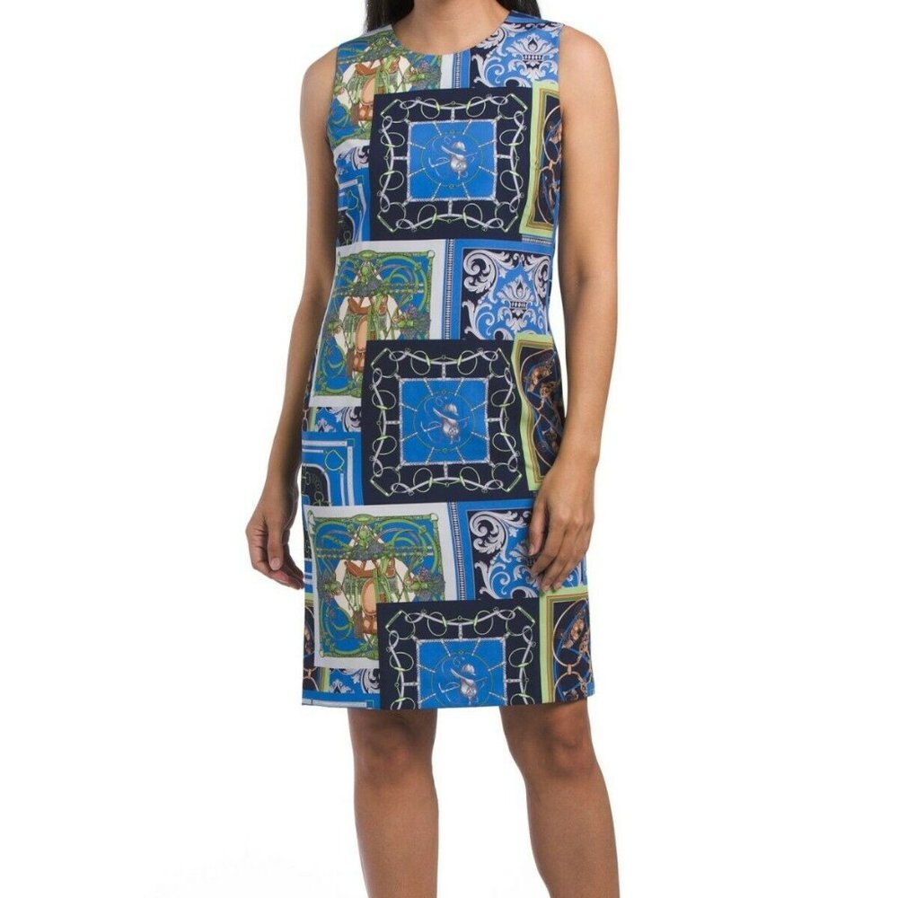 NWT J. McLaughlin "Belinda" Dress, Heraldic Patchwork, Blue Multi, Size 6